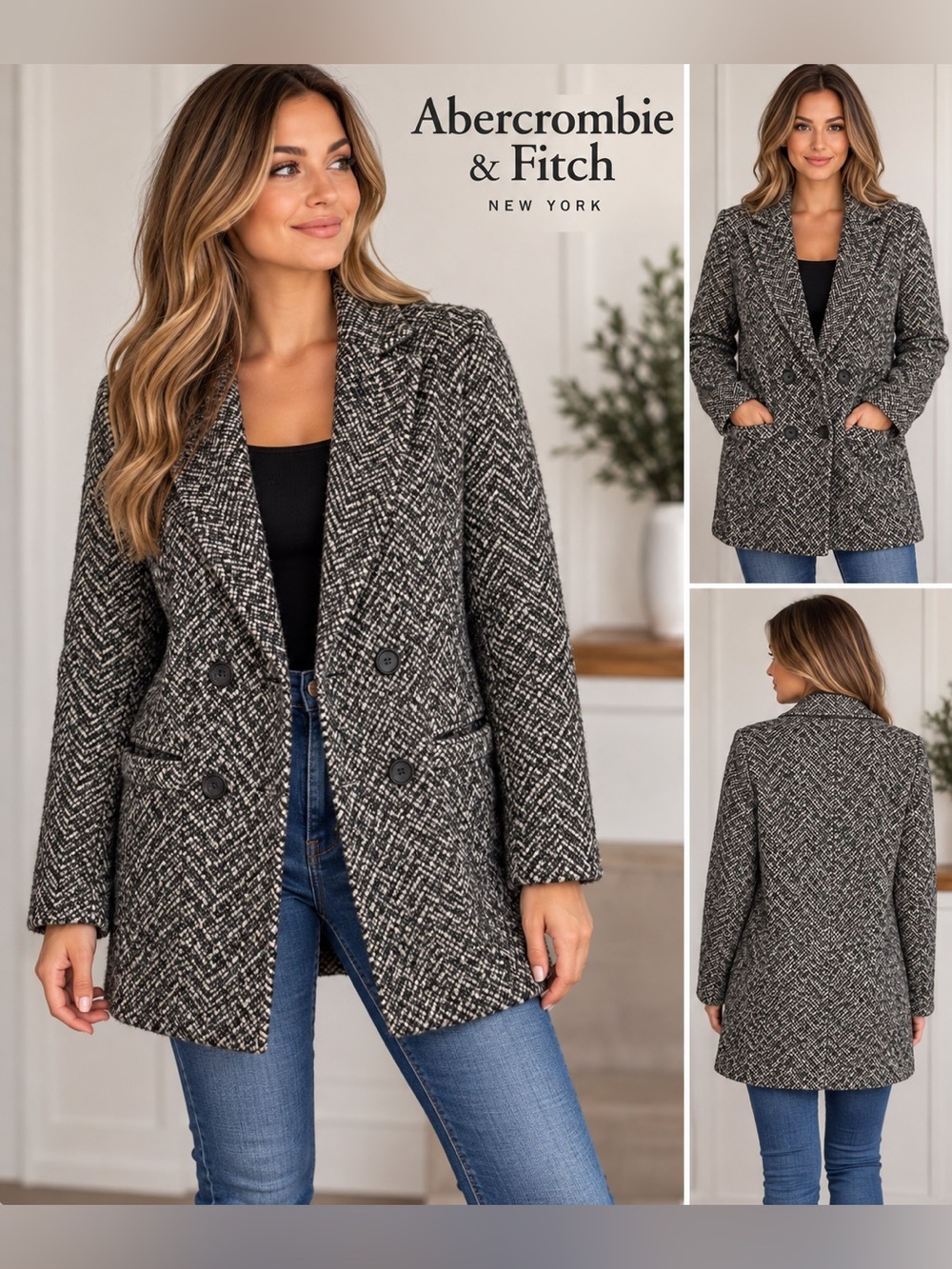 Abercrombie & Fitch Herringbone Wool Blend Peacoat Blazer Coat XS